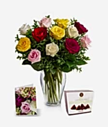 name: Dozen Mixed Colour Roses, Vase, Card & Chocolates
