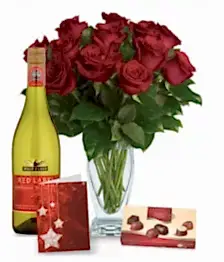 name: 12 Red Roses, Chocolates, Card & Wine