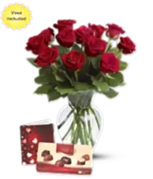 name: Dozen Roses, Chocolates, Vase & Card
