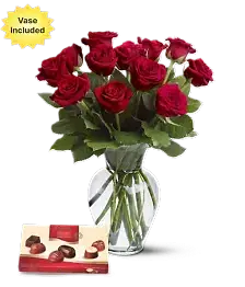 name: Dozen Red Roses, Vase & Chocolates